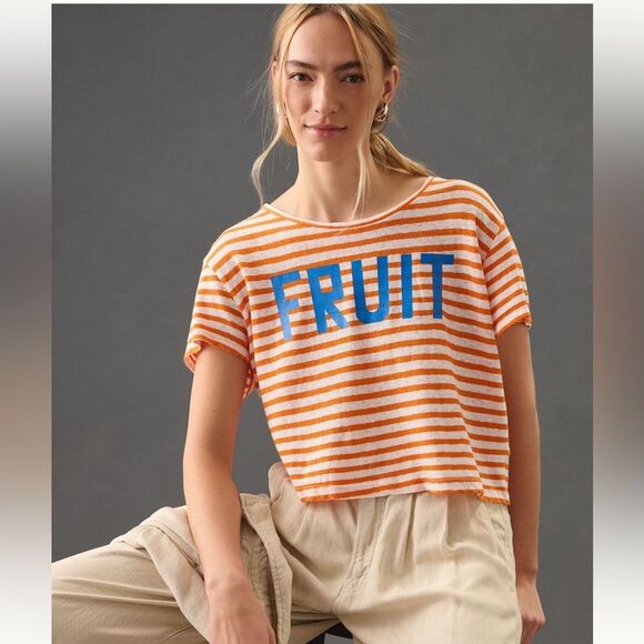 MOTHER Denim Rowdy Fruit Crop Linen Cotton Tee XS - Picture 1 of 8
